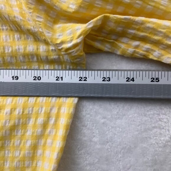 Kut from the Kloth Button Feena Top Women Large Yellow Textured Gingham V-Neck - Picture 9 of 10